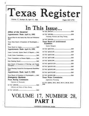Primary view of object titled 'Texas Register, Volume 17, Number 28, (Part I) Pages 2633-2754, April 17, 1992'.