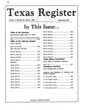 Primary view of object titled 'Texas Register, Volume 17, Number 29, Pages 2821-2897, April 21, 1992'.