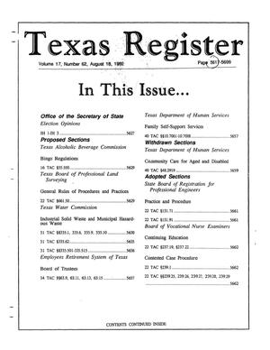 Primary view of object titled 'Texas Register, Volume 17, Number 62, Pages 5617-5699, August 18, 1992'.