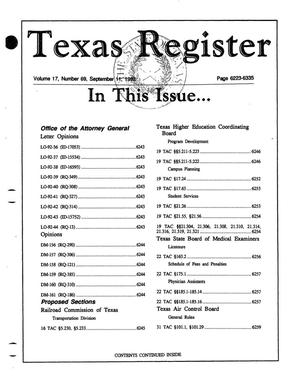Primary view of object titled 'Texas Register, Volume 17, Number 69, Pages 6223-6335, September 11, 1992'.