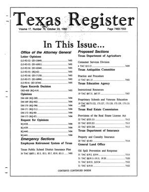 Primary view of object titled 'Texas Register, Volume 17, Number 80, Pages 7483-7553, October 23, 1992'.