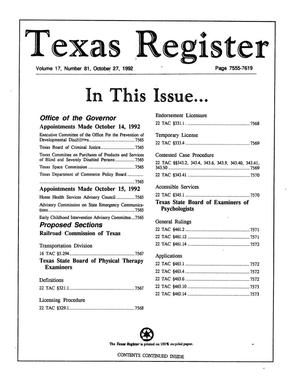 Primary view of object titled 'Texas Register, Volume 17, Number 81, Pages 7555-7619, October 27, 1992'.