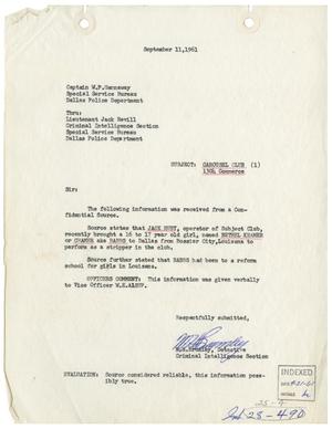 Primary view of object titled '[Intelligence Report - Carousel Club, September 11, 1961]'.