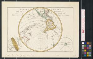 Primary view of object titled 'Mappe-monde sur un plan horizontal situé à 45 d. de latitude sud hemisphère occidental.'.