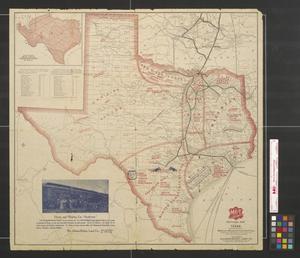 Primary view of object titled 'The MK and T Missouri, Kansas, & Texas Ry. sectional map of Texas traversed by the Missouri, Kansas & Texas Railway, showing the crops adapted to each section, with the elevation and annual rainfall.'.