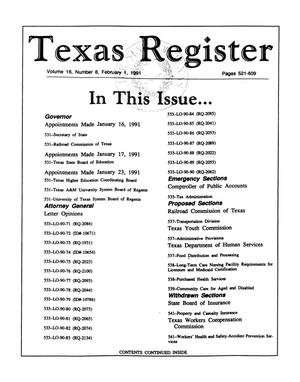 Primary view of object titled 'Texas Register, Volume 16, Number 8, Pages 521-609, February 1, 1991'.