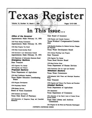 Primary view of object titled 'Texas Register, Volume 16, Number 16, Pages 1315-1396, March 1, 1991'.