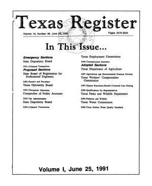 Primary view of object titled 'Texas Register, Volume 16, Number 48, (Volume I), Pages 3379-3524, June 25, 1991'.