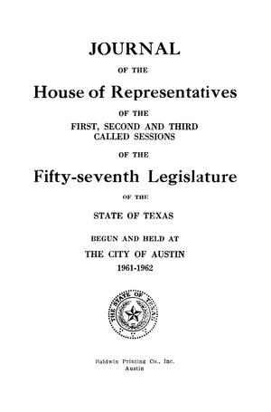 Primary view of object titled 'Journal of the House of Representatives of the First, Second, and Third Called Sessions of the Fifty-Seventh Legislature of the State of Texas'.