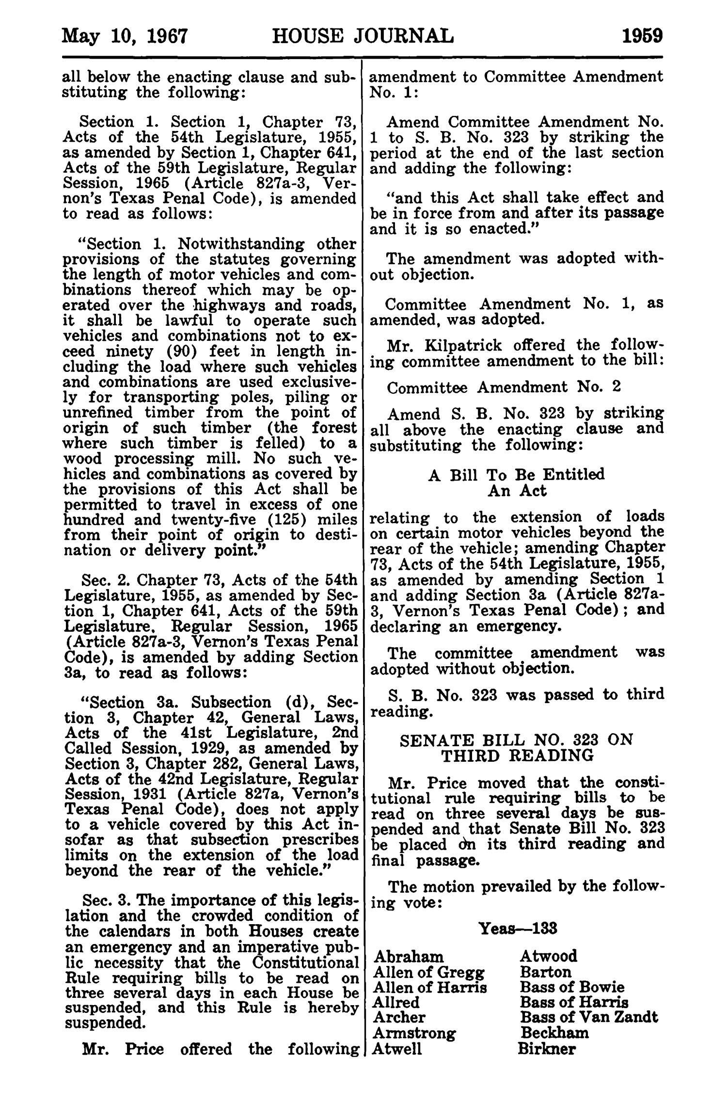 Journal of the House of Representatives of the Sixtieth Legislature of the State of Texas, Regular Session, Volume 2, and First Called Session
                                                
                                                    1959
                                                