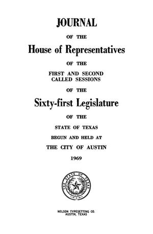 Primary view of object titled 'Journal of the House of Representatives of the First and Second Called Sessions of the Sixty-First Legislature of the State of Texas'.