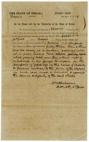 Primary view of object titled 'Documents pertaining to the case of The State of Texas vs. Ashford B. McGill, cause no. 334, 1853'.
