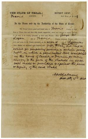 Primary view of object titled 'Documents pertaining to the case of The State of Texas vs. George W. Logan, cause no. 341, 1853'.