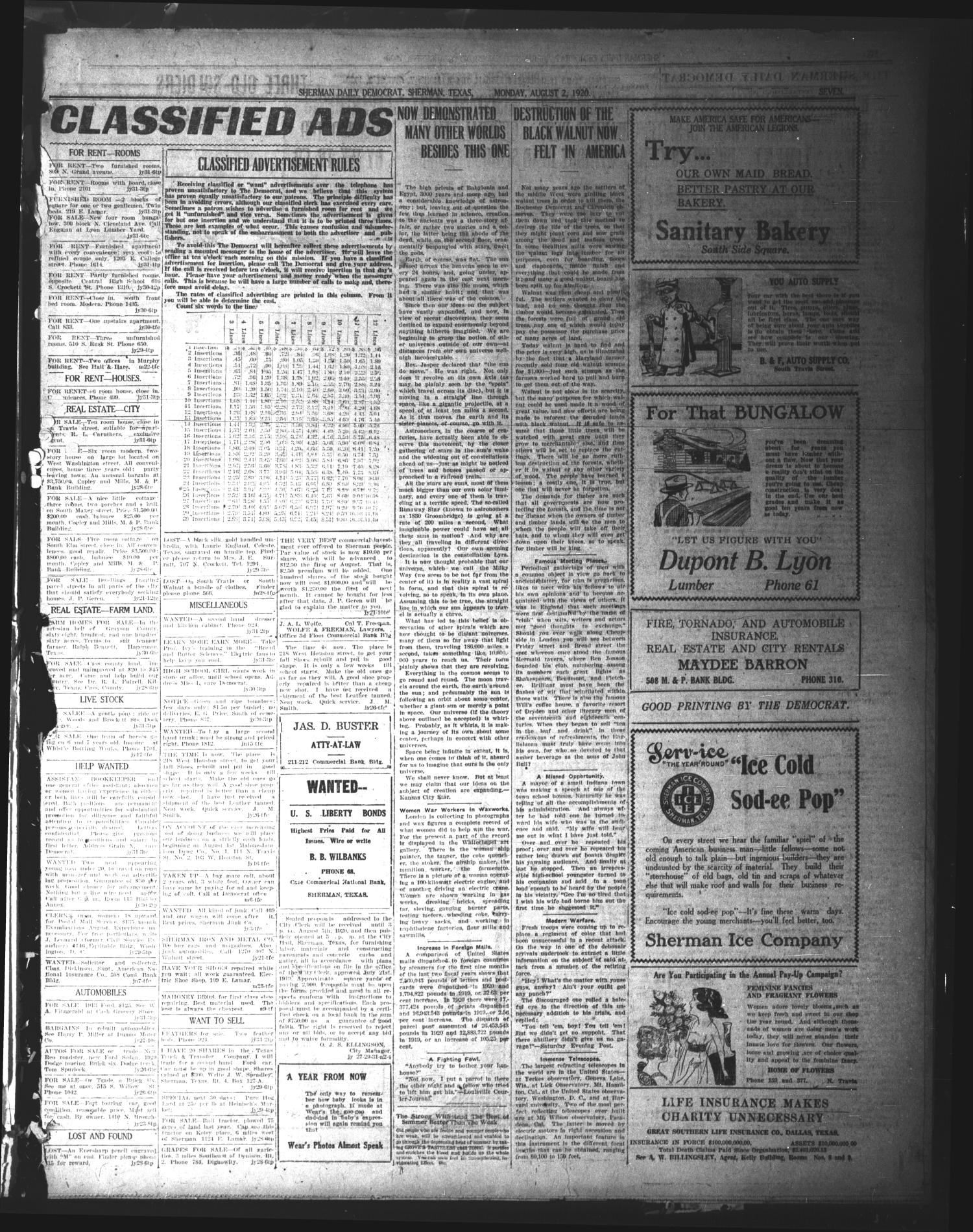 Sherman Daily Democrat (Sherman, Tex.), Vol. 40, No. 6, Ed. 1 Monday, August 2, 1920
                                                
                                                    [Sequence #]: 7 of 8
                                                
