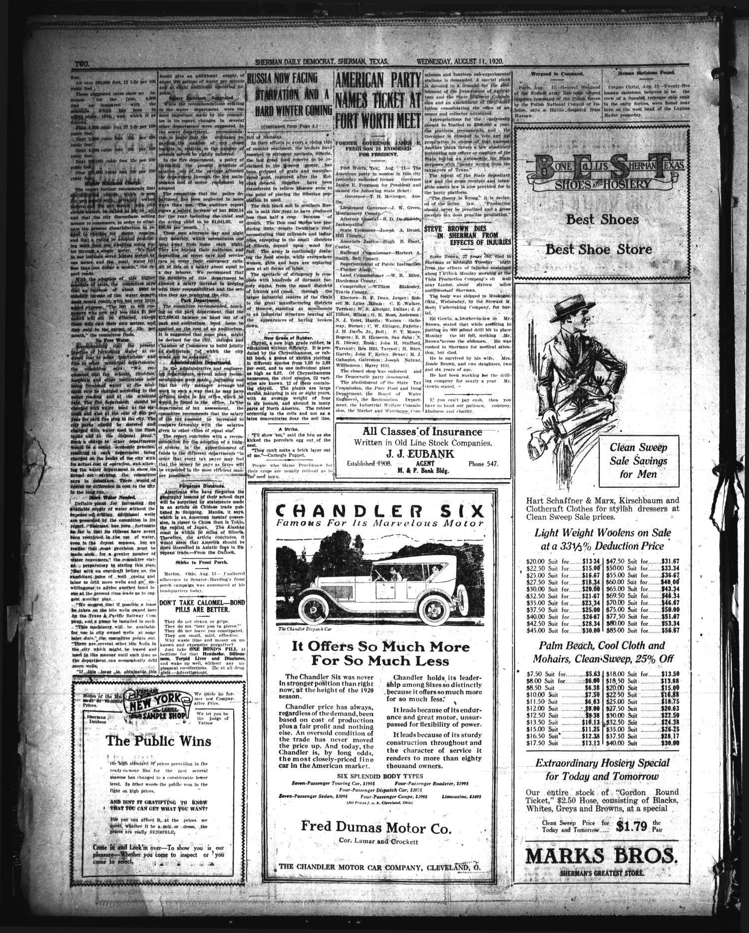 Sherman Daily Democrat (Sherman, Tex.), Vol. 40, No. 14, Ed. 1 Wednesday, August 11, 1920
                                                
                                                    [Sequence #]: 2 of 8
                                                
