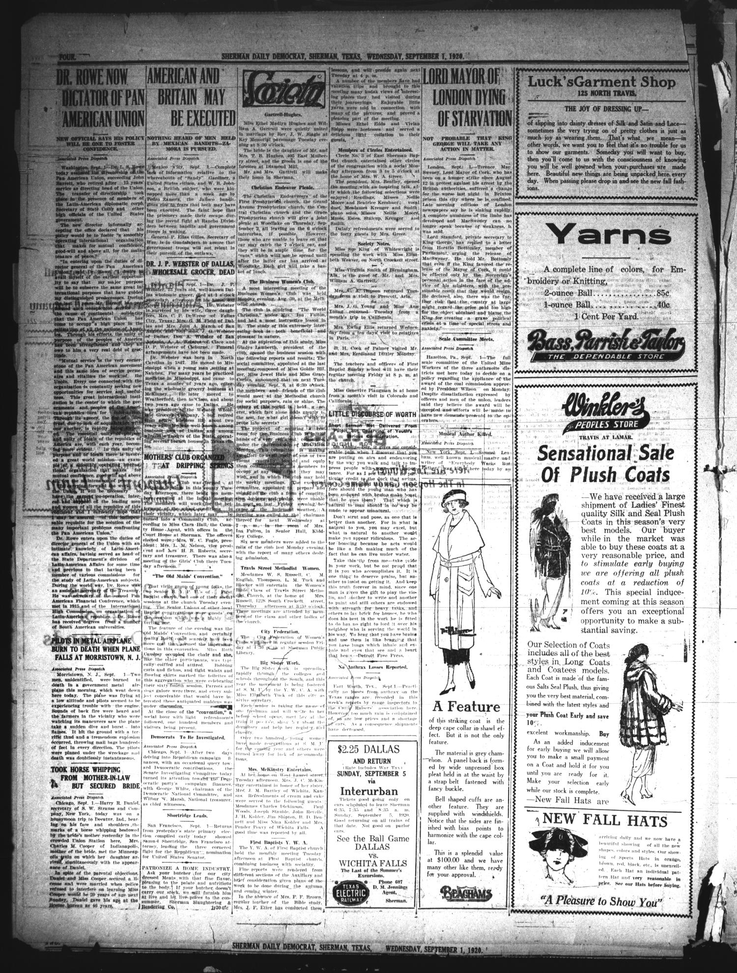 Sherman Daily Democrat (Sherman, Tex.), Vol. 40, No. 32, Ed. 1 Wednesday, September 1, 1920
                                                
                                                    [Sequence #]: 4 of 8
                                                