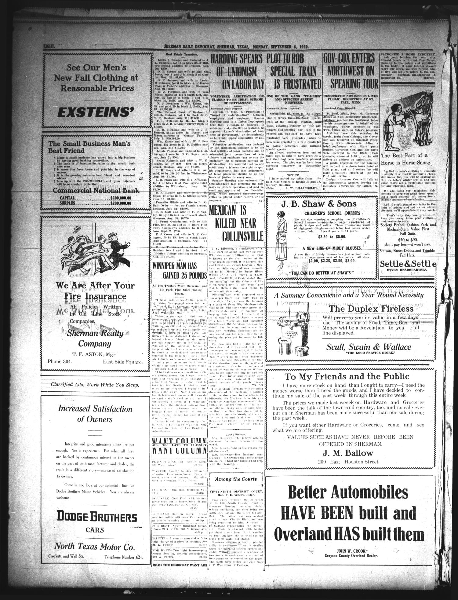 Sherman Daily Democrat (Sherman, Tex.), Vol. 40, No. 36, Ed. 1 Monday, September 6, 1920
                                                
                                                    [Sequence #]: 8 of 8
                                                