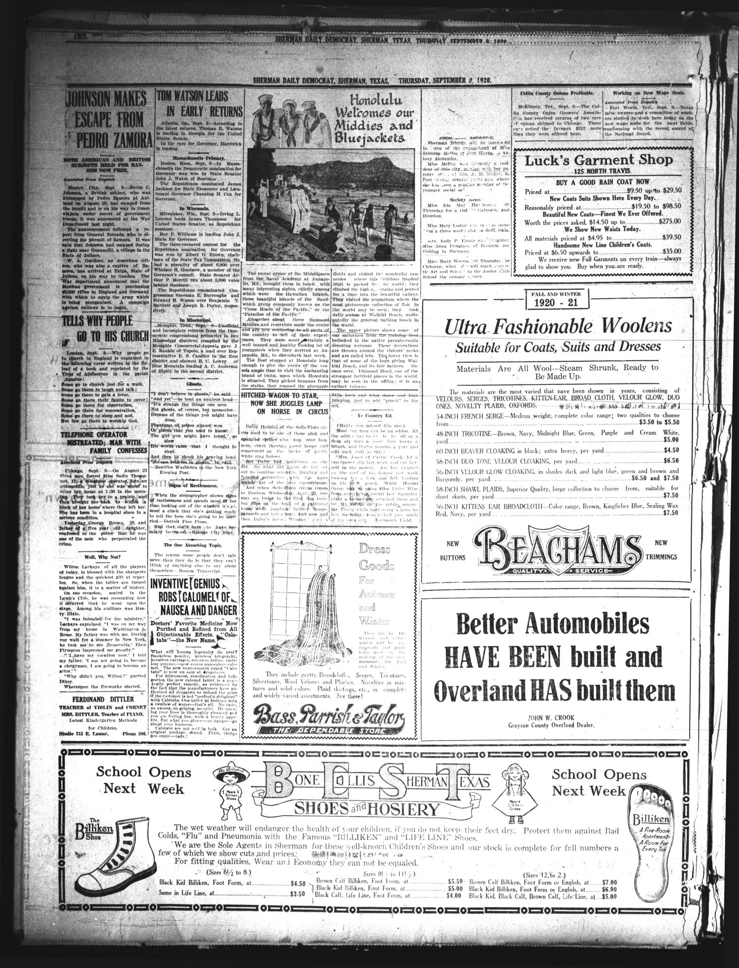 Sherman Daily Democrat (Sherman, Tex.), Vol. 40, No. 39, Ed. 1 Thursday, September 9, 1920
                                                
                                                    [Sequence #]: 4 of 8
                                                