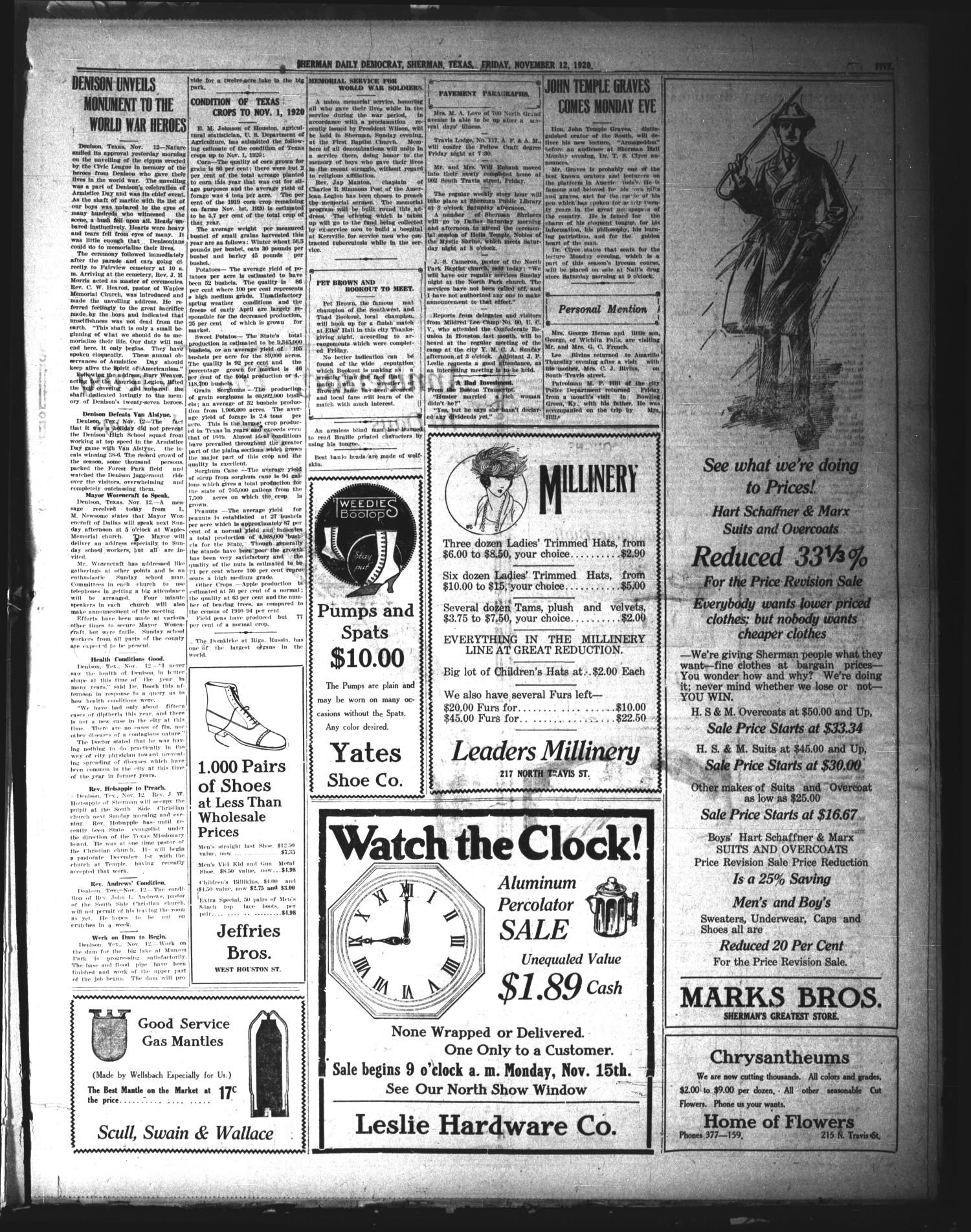 Sherman Daily Democrat (Sherman, Tex.), Vol. 40, No. 94, Ed. 1 Friday, November 12, 1920
                                                
                                                    [Sequence #]: 5 of 8
                                                