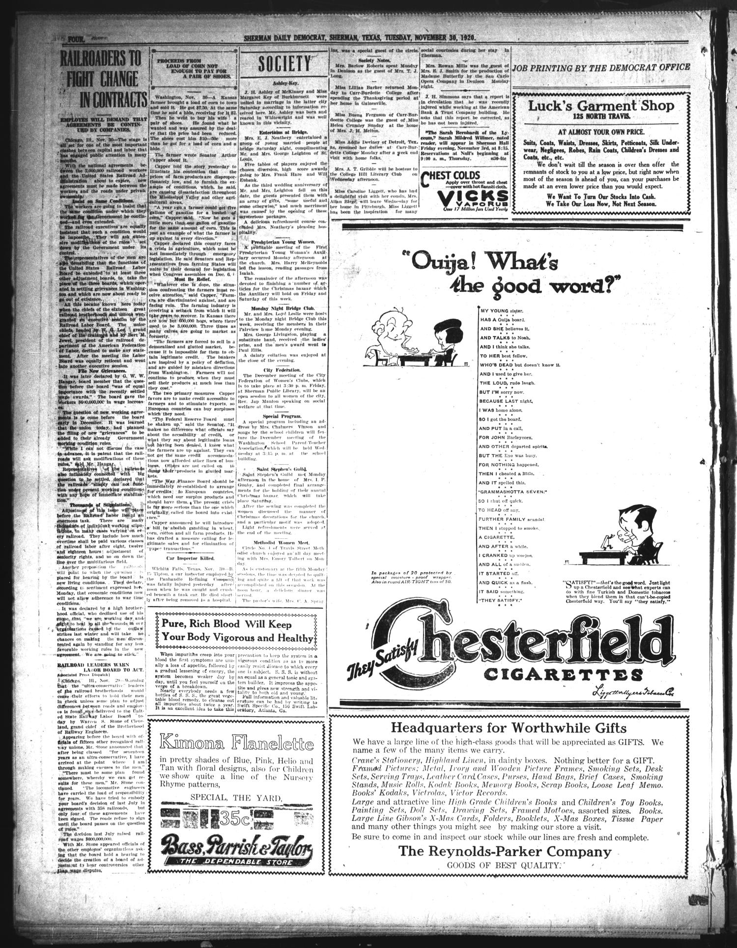 Sherman Daily Democrat (Sherman, Tex.), Vol. 40, No. 109, Ed. 1 Tuesday, November 30, 1920
                                                
                                                    [Sequence #]: 4 of 8
                                                