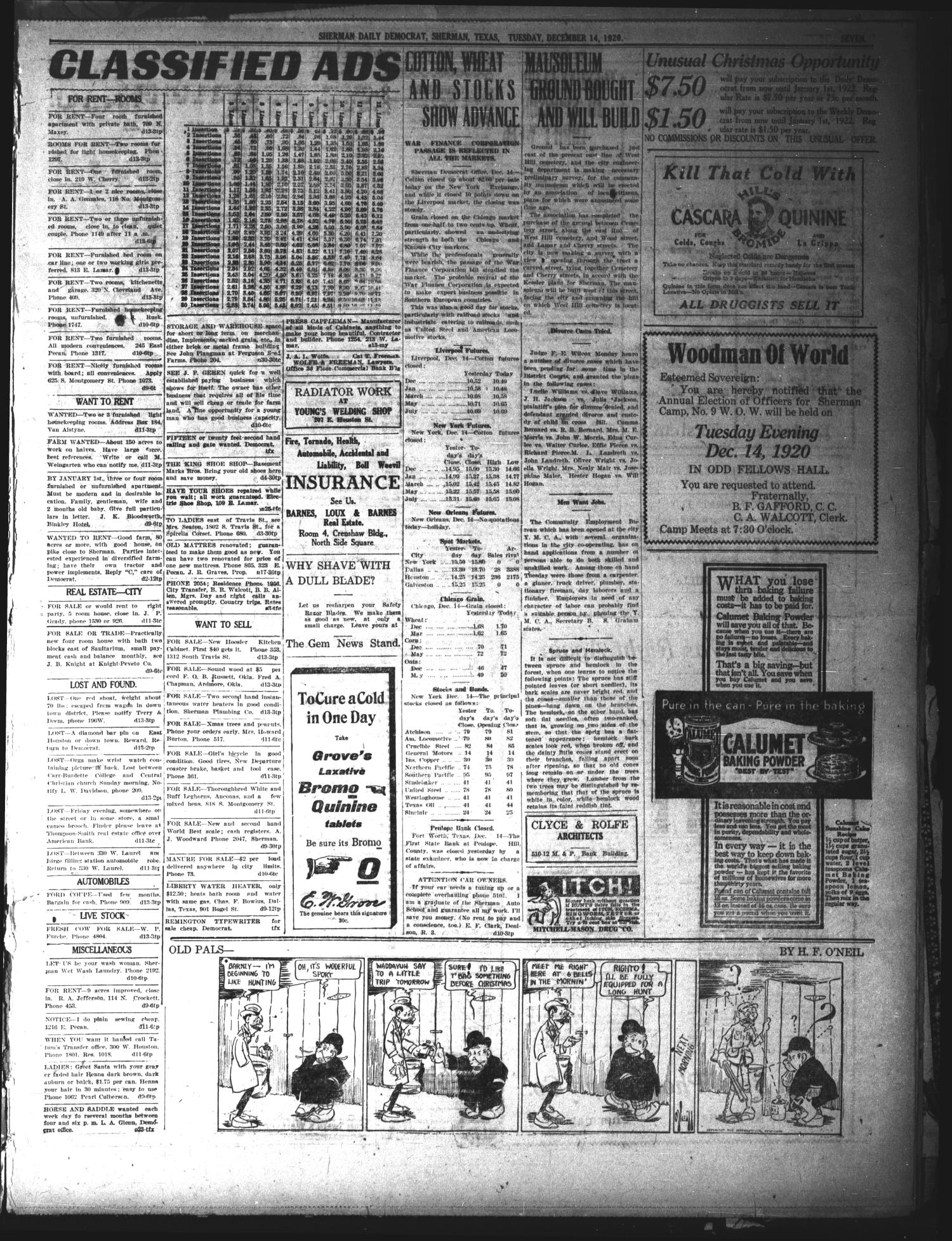 Sherman Daily Democrat (Sherman, Tex.), Vol. 40, No. 121, Ed. 1 Tuesday, December 14, 1920
                                                
                                                    [Sequence #]: 7 of 8
                                                