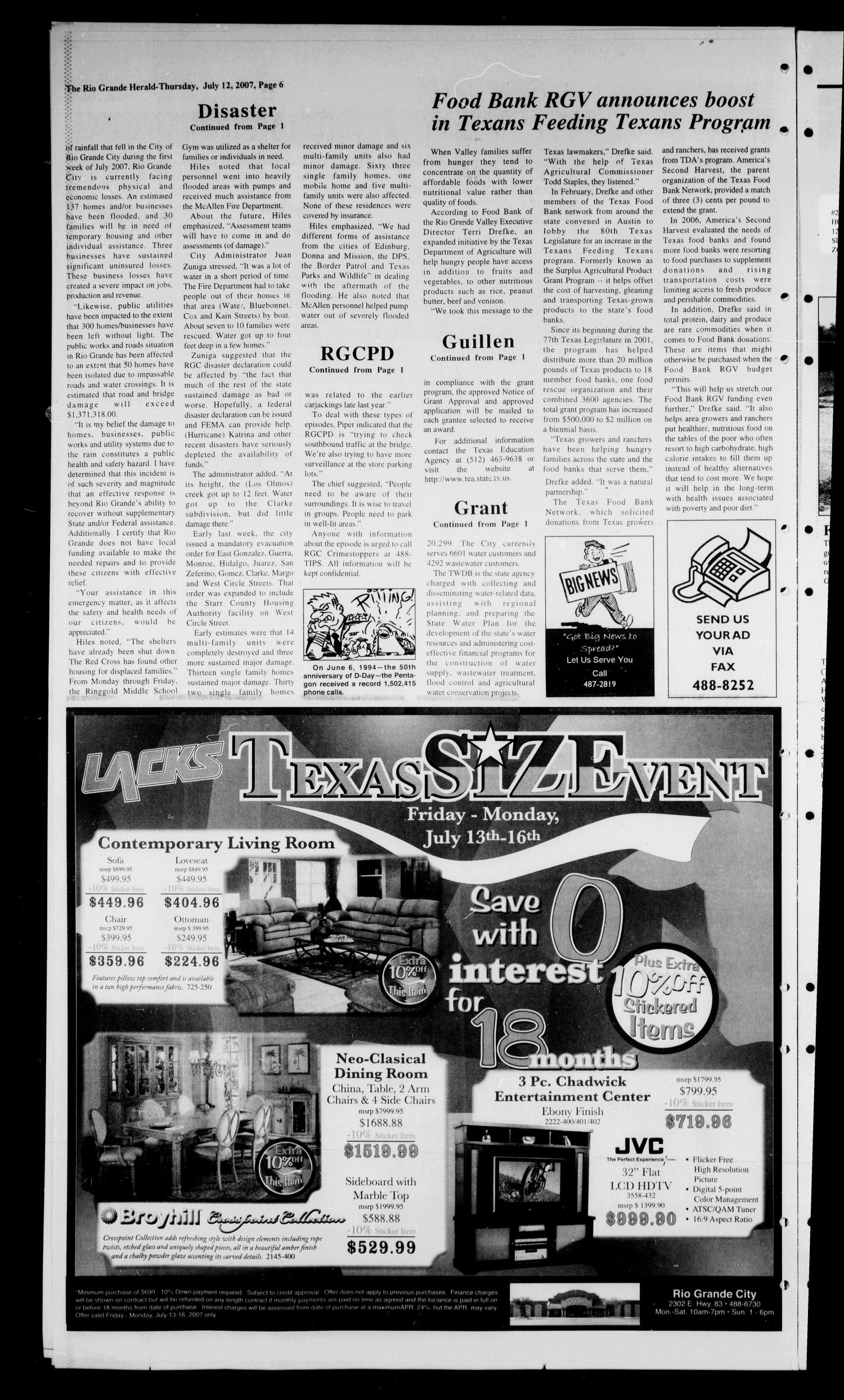 Rio Grande Herald (Rio Grande City, Tex.), Vol. 94, No. 27, Ed. 1 Thursday, July 12, 2007
                                                
                                                    [Sequence #]: 6 of 6
                                                