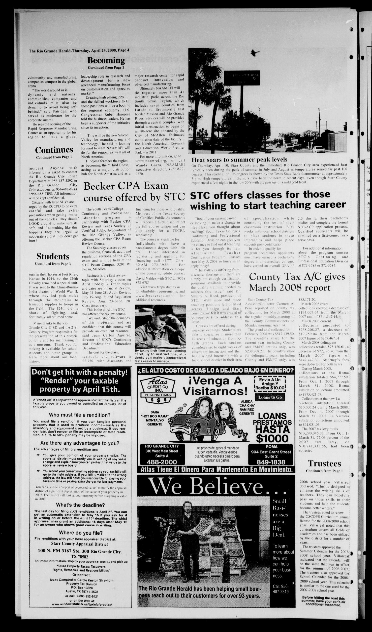 Rio Grande Herald (Rio Grande City, Tex.), Vol. 95, No. 17, Ed. 1 Thursday, April 24, 2008
                                                
                                                    [Sequence #]: 4 of 6
                                                