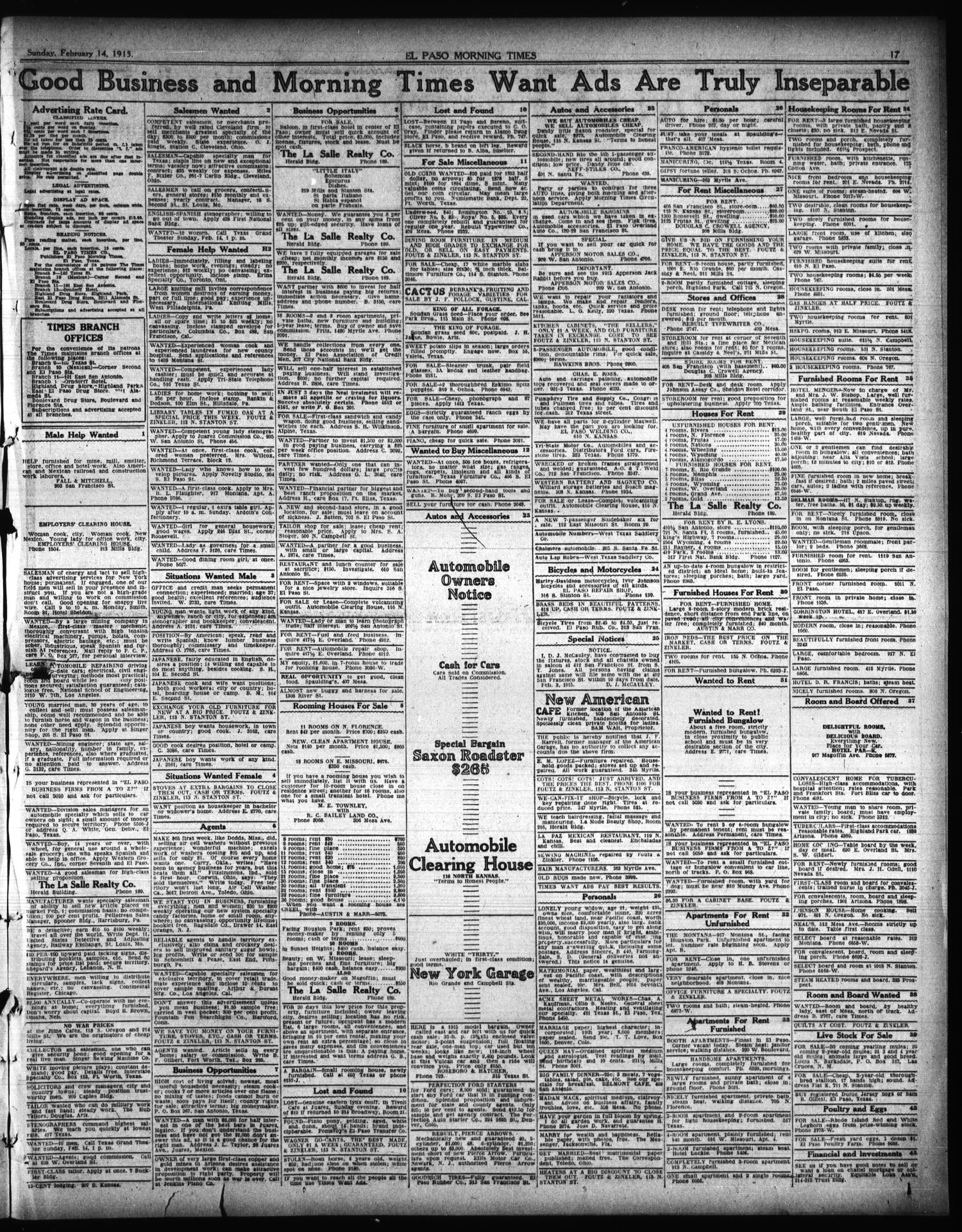 El Paso Morning Times (El Paso, Tex.), Vol. 35TH YEAR, Ed. 1, Sunday, February 14, 1915
                                                
                                                    [Sequence #]: 33 of 36
                                                