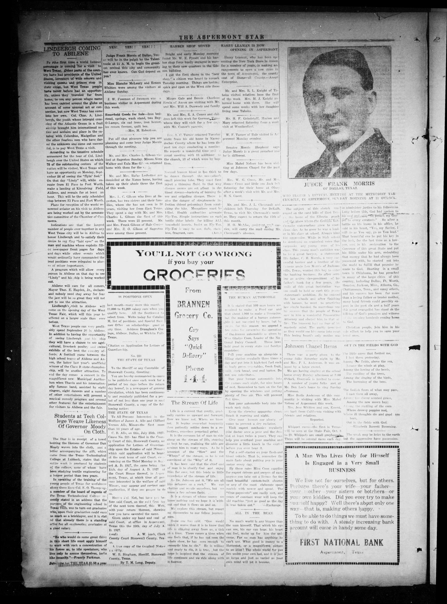 The Aspermont Star (Aspermont, Tex.), Vol. 30, No. 5, Ed. 1 Thursday, August 4, 1927
                                                
                                                    [Sequence #]: 4 of 4
                                                