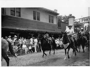 Primary view of object titled 'Texas Sesquicentennial Wagon Train in the Fort Worth Stockyards'.
