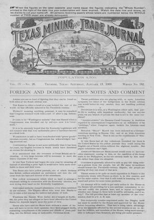 Primary view of object titled 'Texas Mining and Trade Journal, Volume 4, Number 26, Saturday, January 13, 1900'.