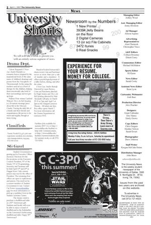 Primary view of object titled 'The University News (Irving, Tex.), Vol. 37, Ed. 1 Sunday, April 1, 2007'.
