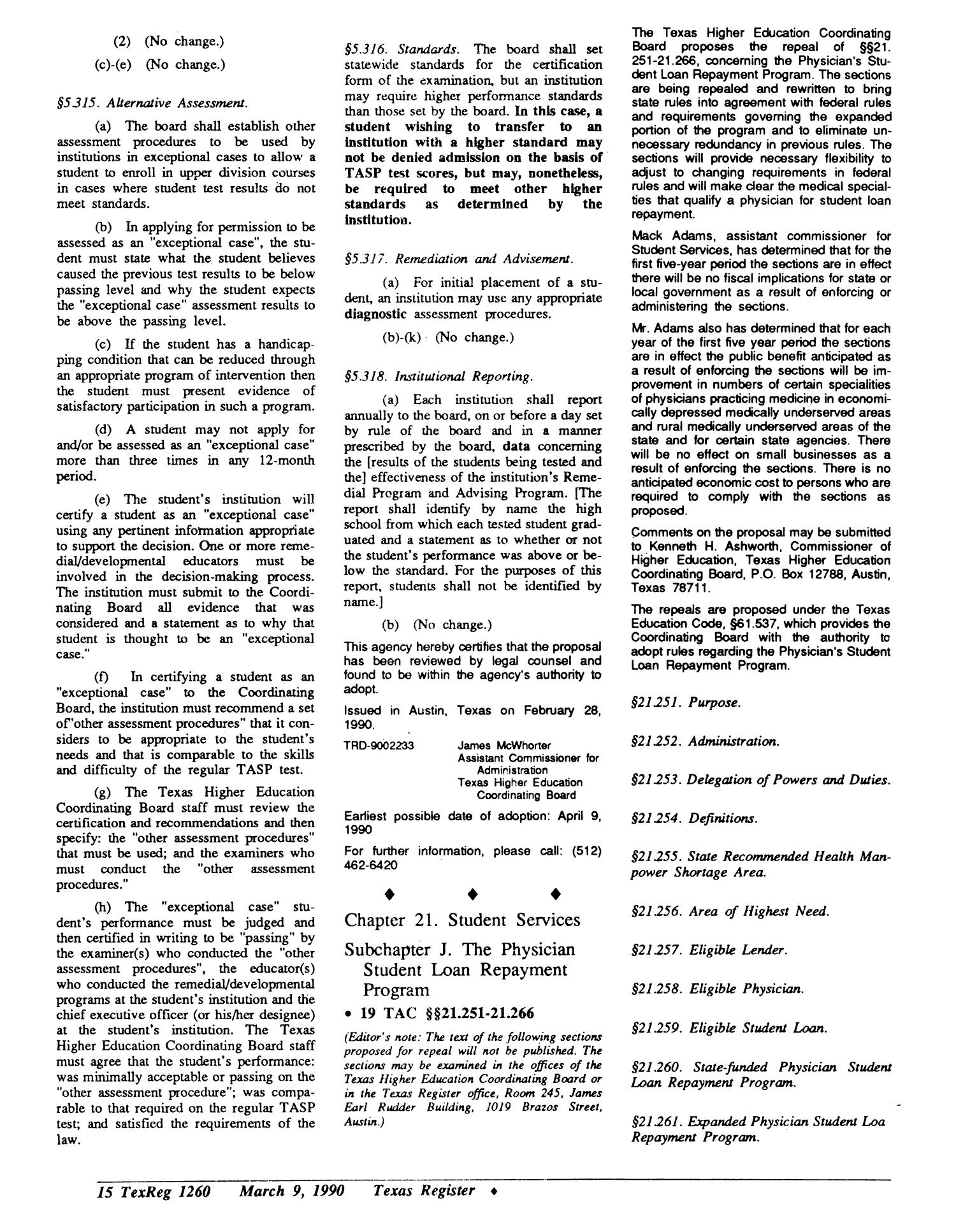 Texas Register, Volume 15, Number 19, Pages 1259-1326, March 9, 1990
                                                
                                                    1260
                                                
