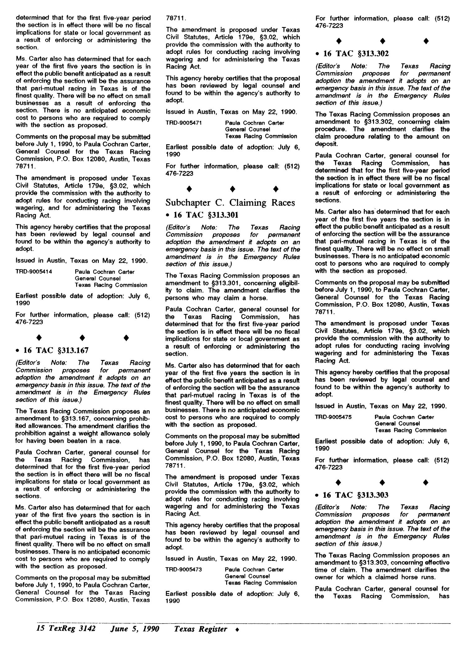 Texas Register, Volume 15, Number 42, (Volume II)Pages 3121-3269, June 5, 1990
                                                
                                                    3142
                                                