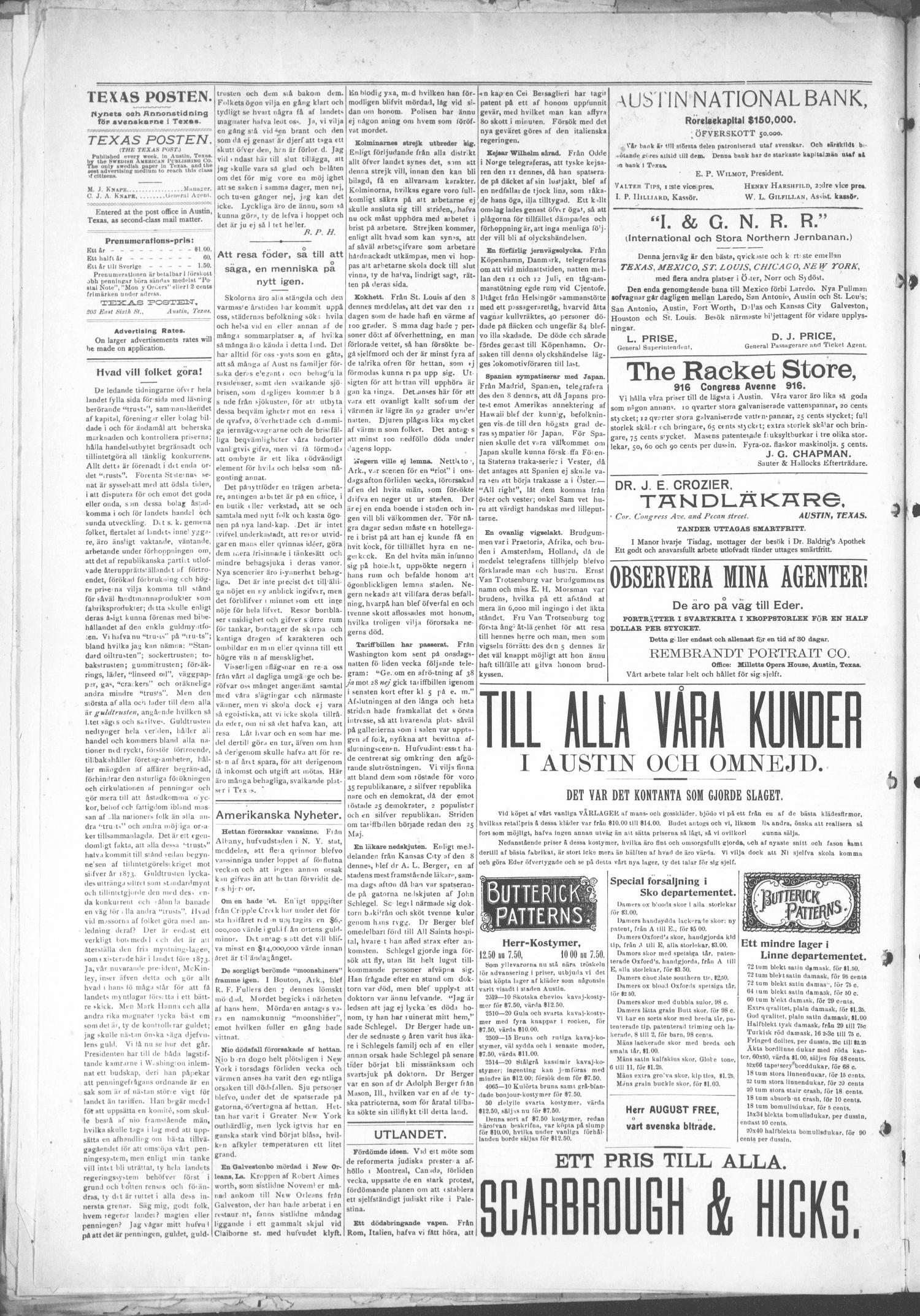 Texas Posten (Austin, Tex.), Vol. 2, No. 14, Ed. 1 Friday, July 16, 1897
                                                
                                                    [Sequence #]: 2 of 4
                                                