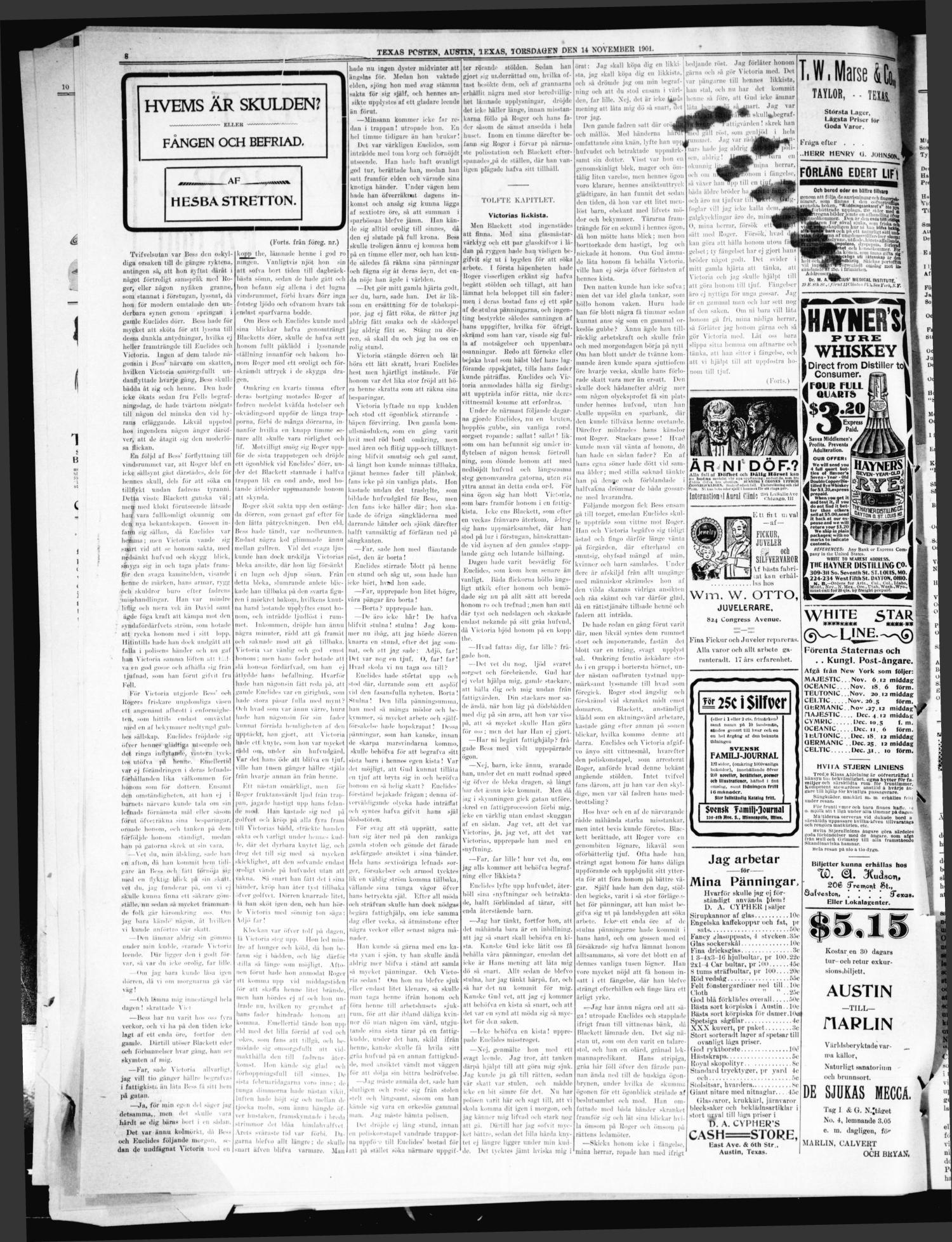 Texas Posten (Austin, Tex.), Vol. 6, No. 46, Ed. 1 Thursday, November 14, 1901
                                                
                                                    [Sequence #]: 8 of 10
                                                