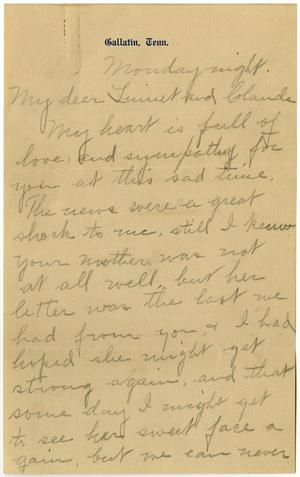 Primary view of object titled '[Letter from Birdie and William J. McKinley to Linnet White, December 12, 1916]'.