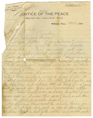 Primary view of object titled '[Letter from Office of the Justice of the Peace to Claude D. White, August 15, 1910]'.