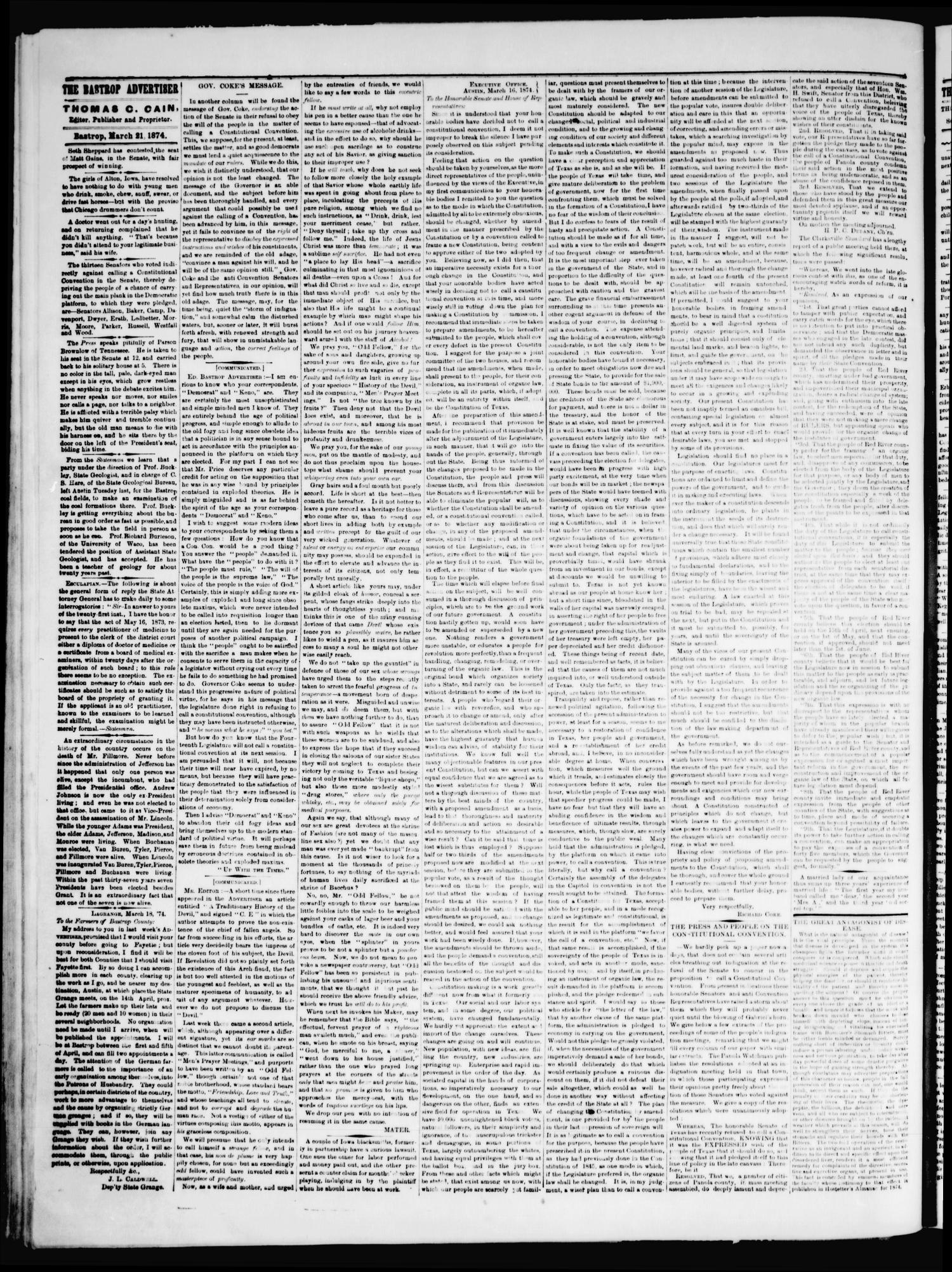 The Bastrop Advertiser (Bastrop, Tex.), Vol. 17, No. 17, Ed. 1 Saturday, March 21, 1874
                                                
                                                    [Sequence #]: 2 of 4
                                                
