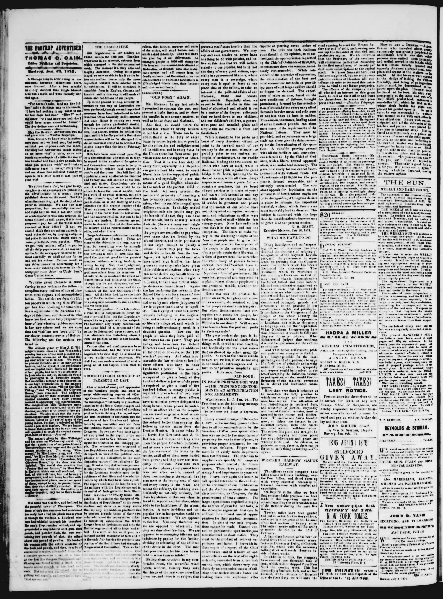 The Bastrop Advertiser (Bastrop, Tex.), Vol. 18, No. 7, Ed. 1 Saturday, January 23, 1875
                                                
                                                    [Sequence #]: 2 of 4
                                                
