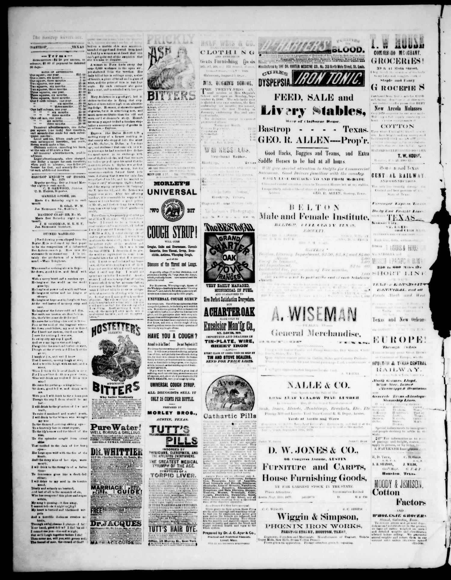 The Bastrop Advertiser (Bastrop, Tex.), Vol. 24, No. 23, Ed. 1 Saturday, May 21, 1881
                                                
                                                    [Sequence #]: 4 of 4
                                                