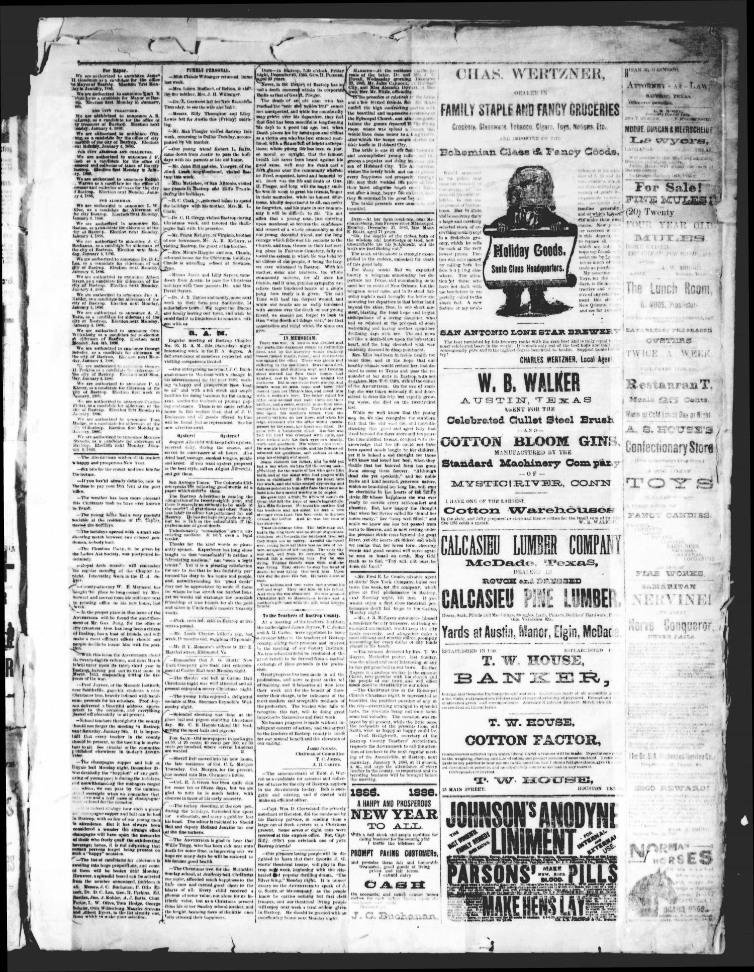 The Bastrop Advertiser (Bastrop, Tex.), Vol. 28, No. 52, Ed. 1 Saturday, January 2, 1886
                                                
                                                    [Sequence #]: 3 of 4
                                                