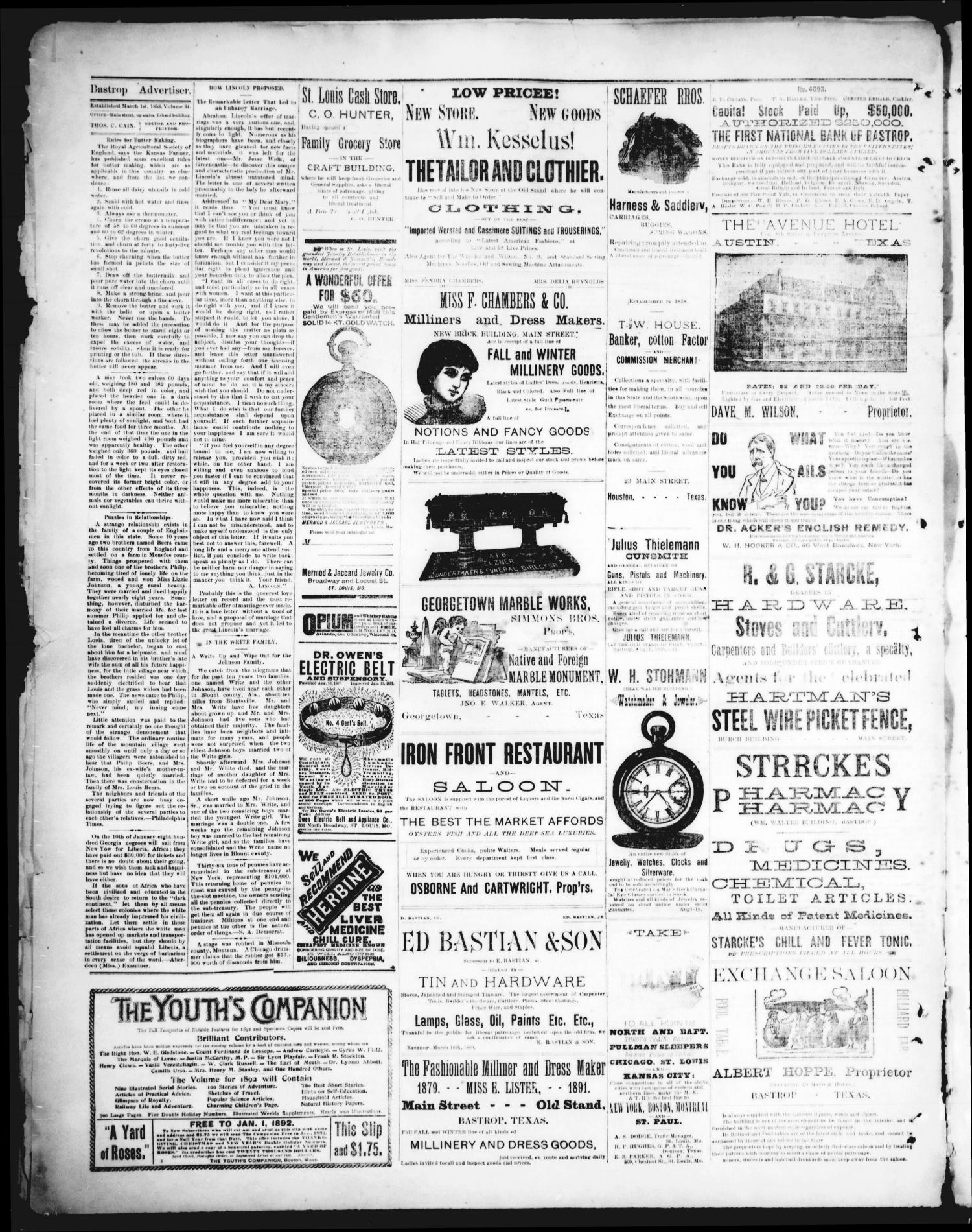 The Bastrop Advertiser (Bastrop, Tex.), Vol. 34, No. 48, Ed. 1 Saturday, January 9, 1892
                                                
                                                    [Sequence #]: 4 of 4
                                                