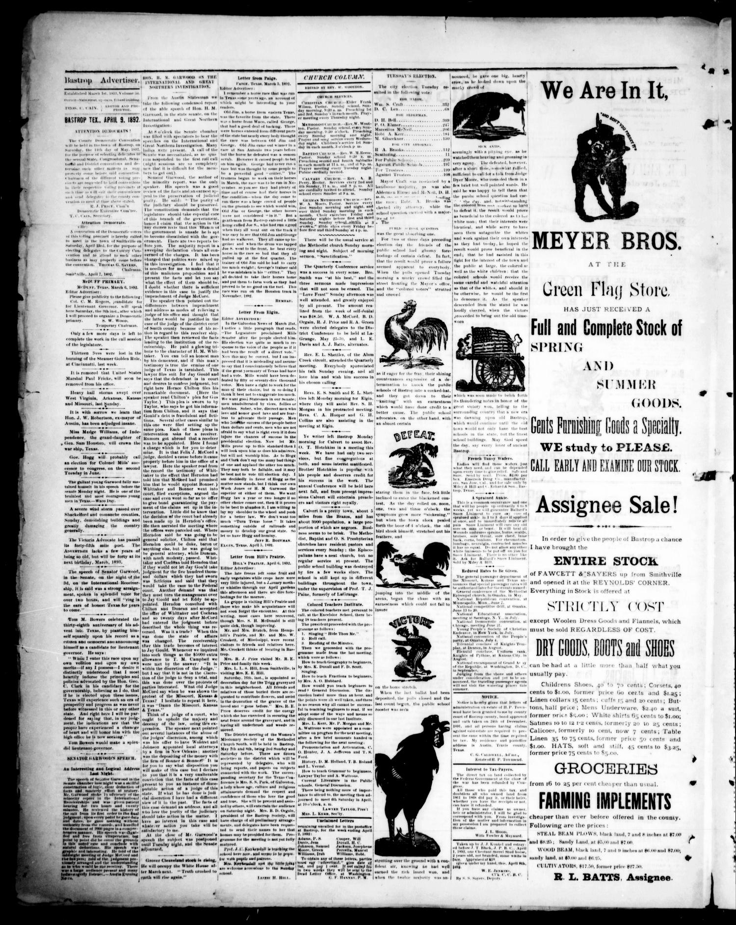 The Bastrop Advertiser (Bastrop, Tex.), Vol. 34, No. 51, Ed. 1 Saturday, April 9, 1892
                                                
                                                    [Sequence #]: 2 of 4
                                                