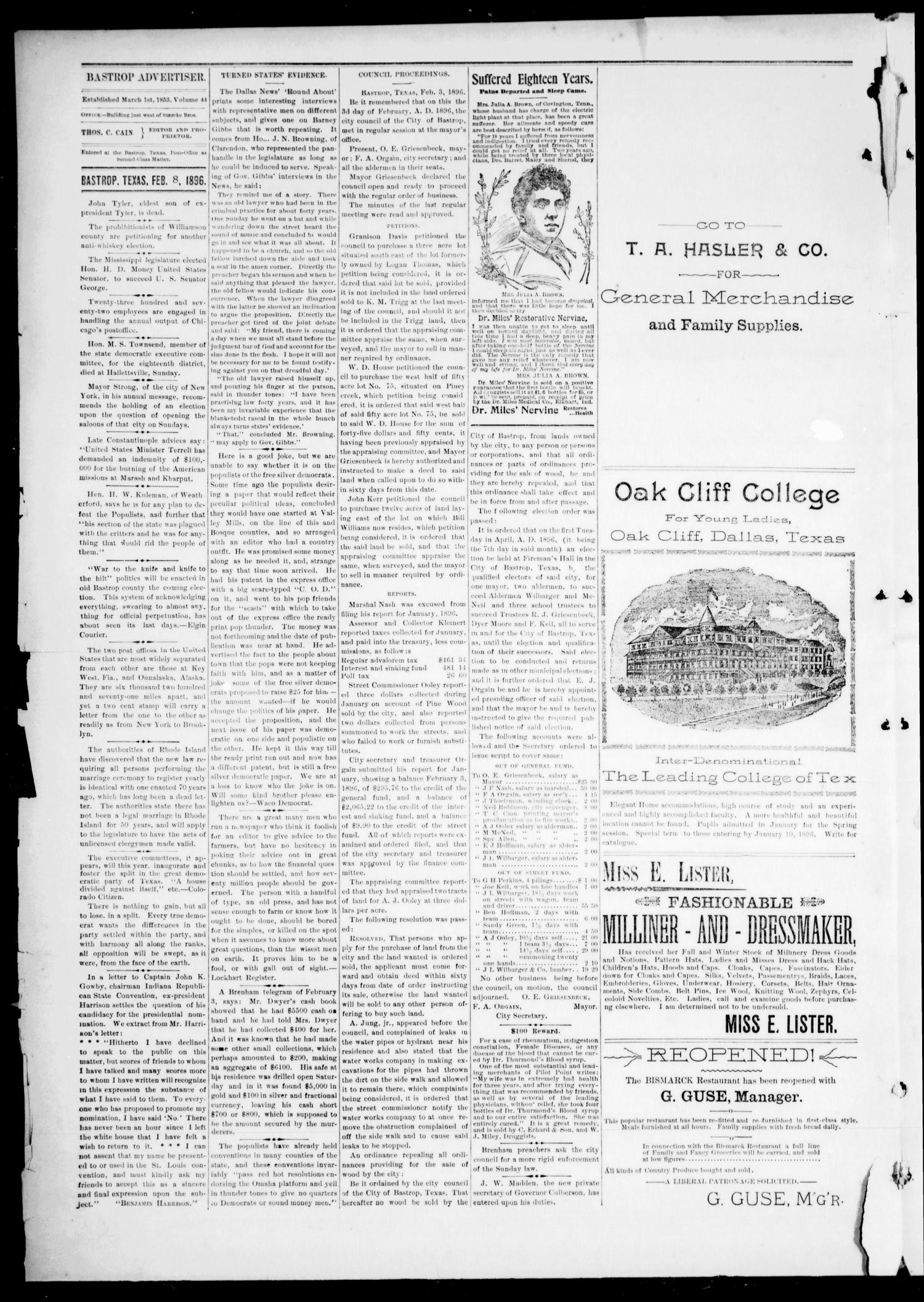 The Bastrop Advertiser (Bastrop, Tex.), Vol. 44, No. 6, Ed. 1 Saturday, February 8, 1896
                                                
                                                    [Sequence #]: 4 of 8
                                                