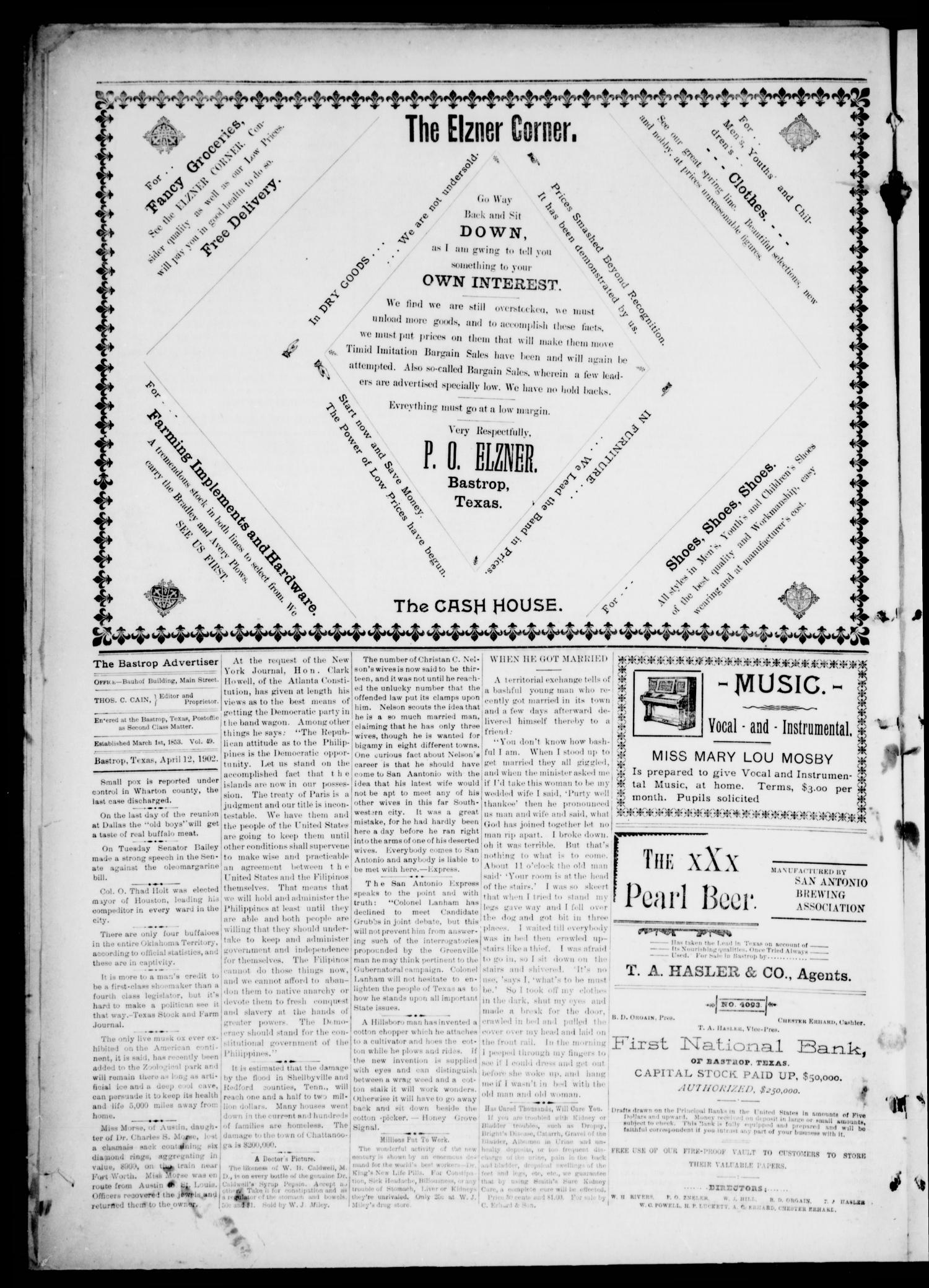 The Bastrop Advertiser (Bastrop, Tex.), Vol. 49, No. 15, Ed. 1 Saturday, April 12, 1902
                                                
                                                    [Sequence #]: 4 of 8
                                                