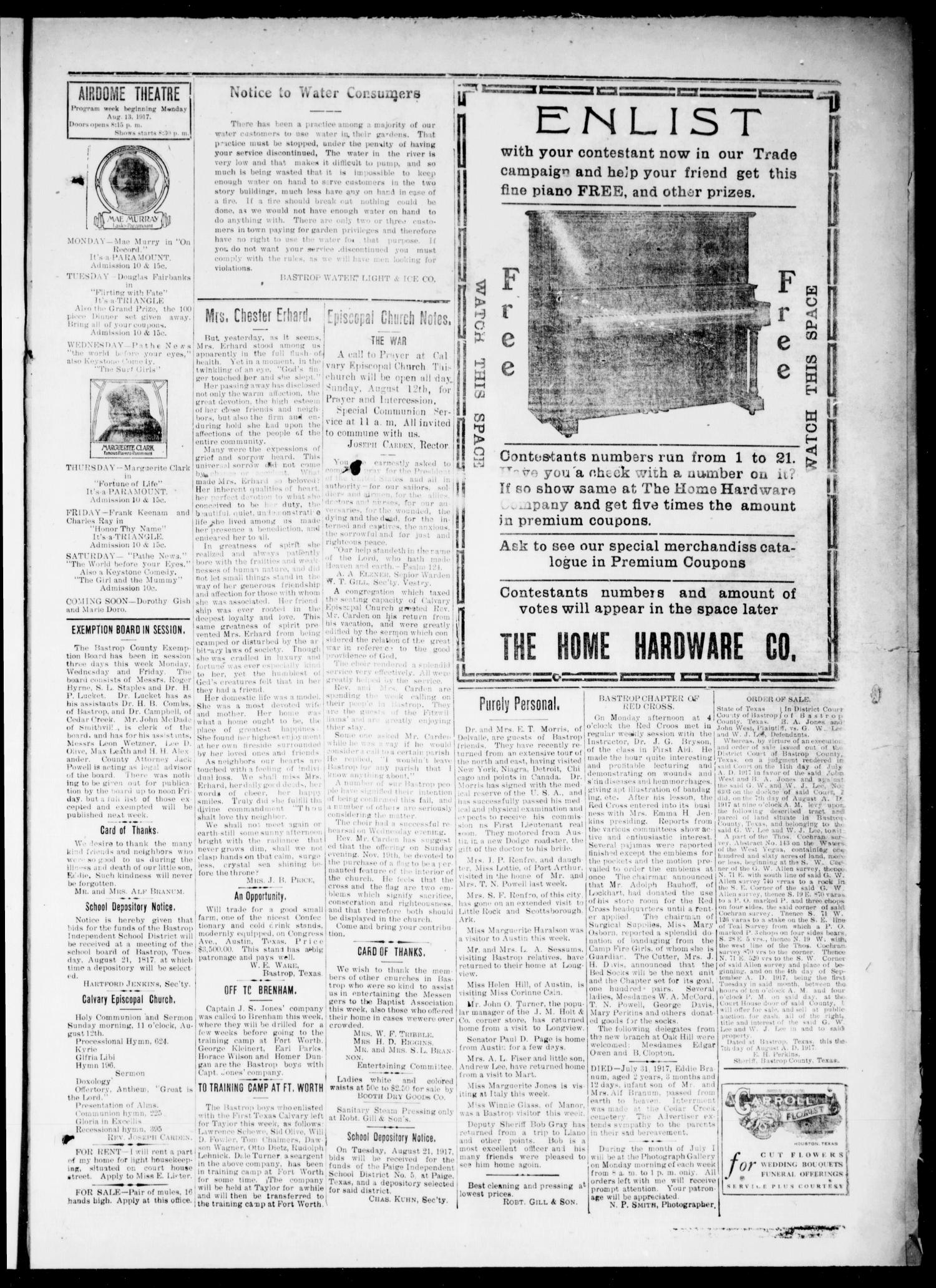 The Bastrop Advertiser (Bastrop, Tex.), Vol. 65, No. 16, Ed. 1 Friday, August 10, 1917
                                                
                                                    [Sequence #]: 3 of 8
                                                