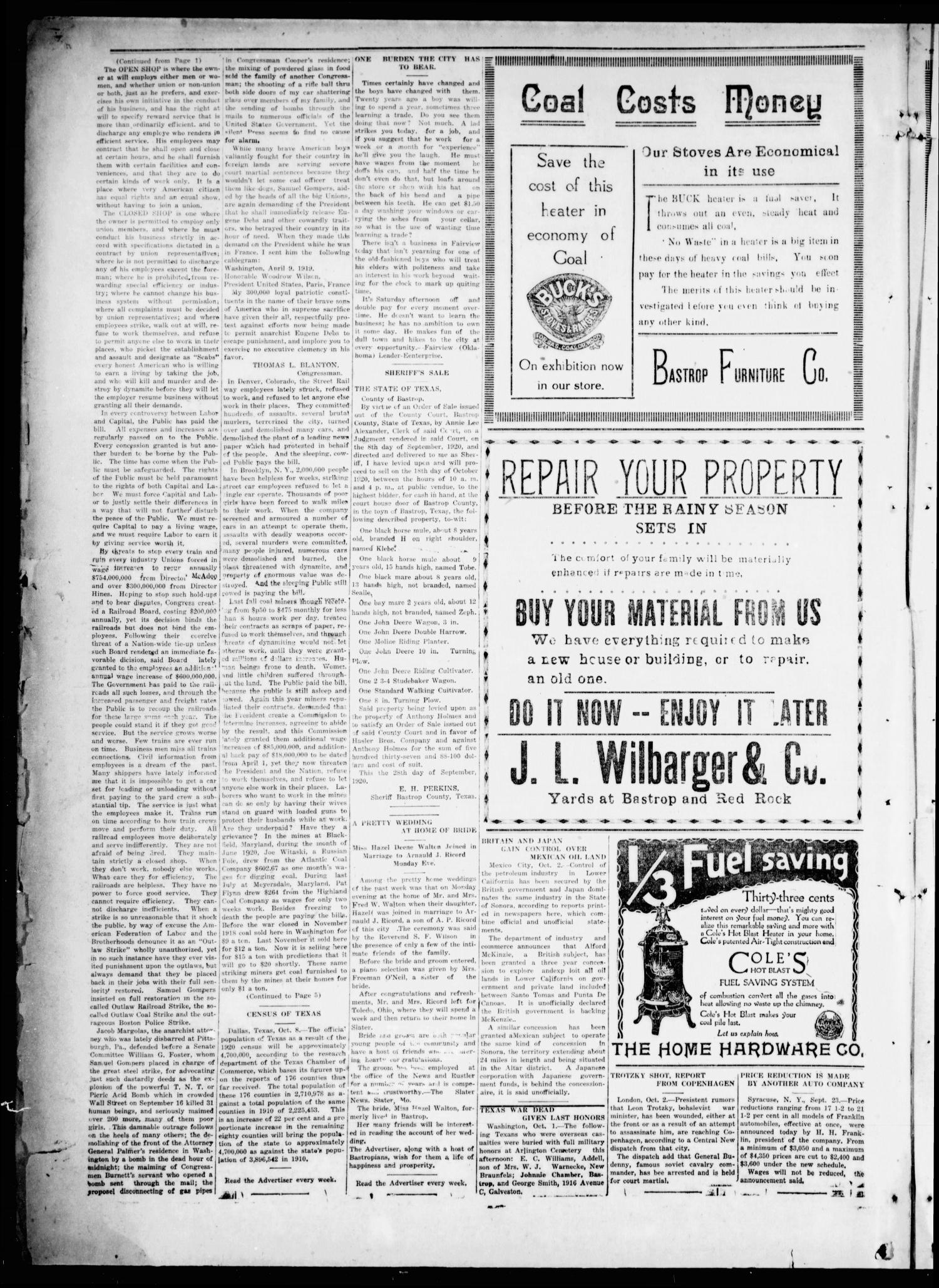 The Bastrop Advertiser (Bastrop, Tex.), Vol. 68, No. 10, Ed. 1 Thursday, October 7, 1920
                                                
                                                    [Sequence #]: 4 of 10
                                                