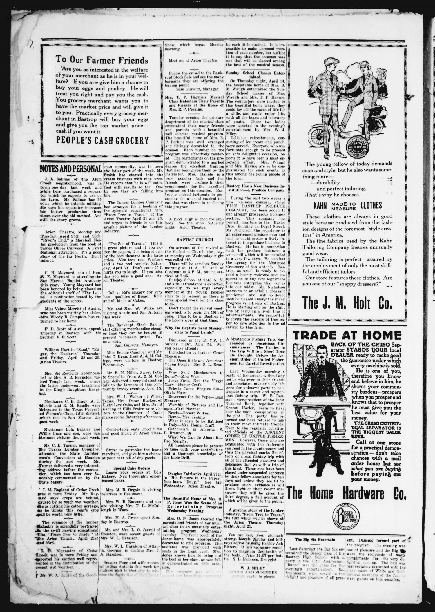 The Bastrop Advertiser (Bastrop, Tex.), Vol. 68, No. 38, Ed. 1 Thursday, April 21, 1921
                                                
                                                    [Sequence #]: 6 of 8
                                                