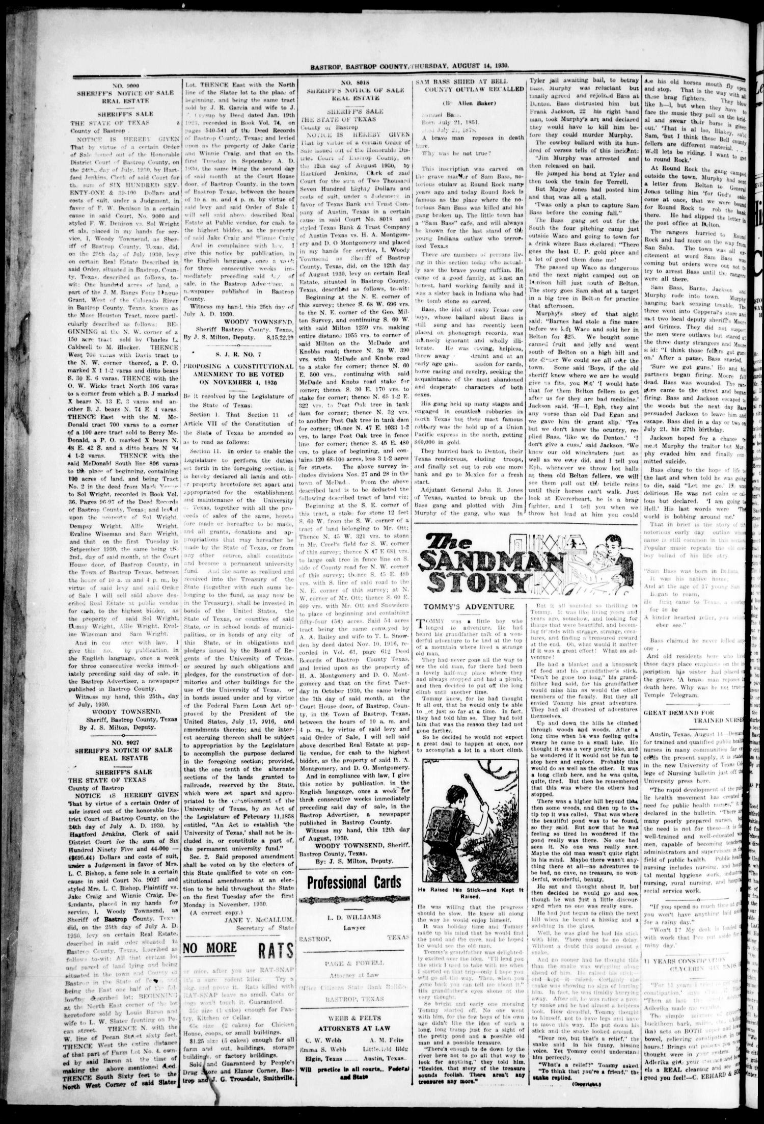 The Bastrop Advertiser (Bastrop, Tex.), Vol. 77, No. 22, Ed. 1 Thursday, August 14, 1930
                                                
                                                    [Sequence #]: 8 of 8
                                                